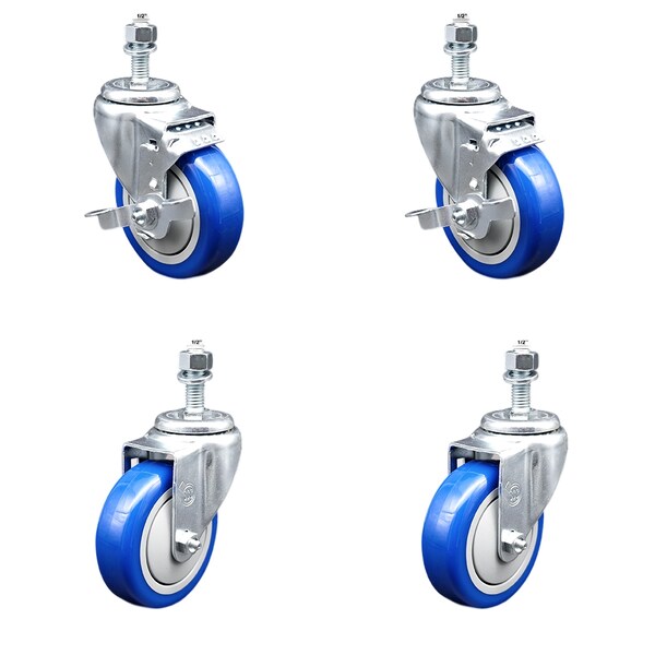Service Caster 4 Inch SS Blue Polyurethane Swivel 1/2 Inch Threaded Stem Caster Brakes SCC, 2PK SSTS20S414-PPUB-BLUE-TLB-121315-2-S2 - main